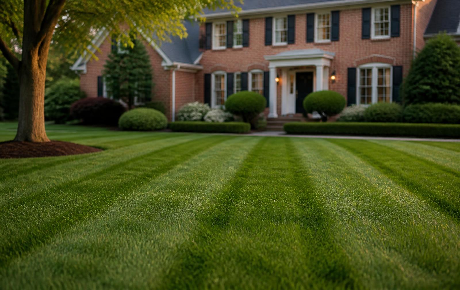 Freshly mowed suburban front lawn with clean mower lines